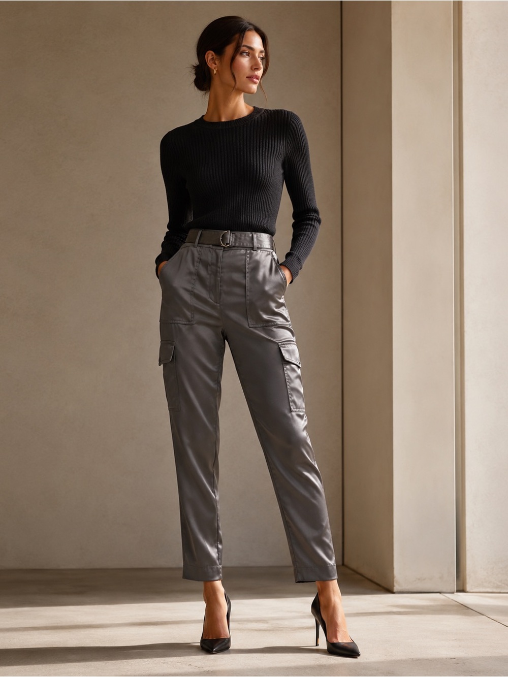 White House Black Market Satin Utility Cargo Pants Gray Tapered Ankle 8L